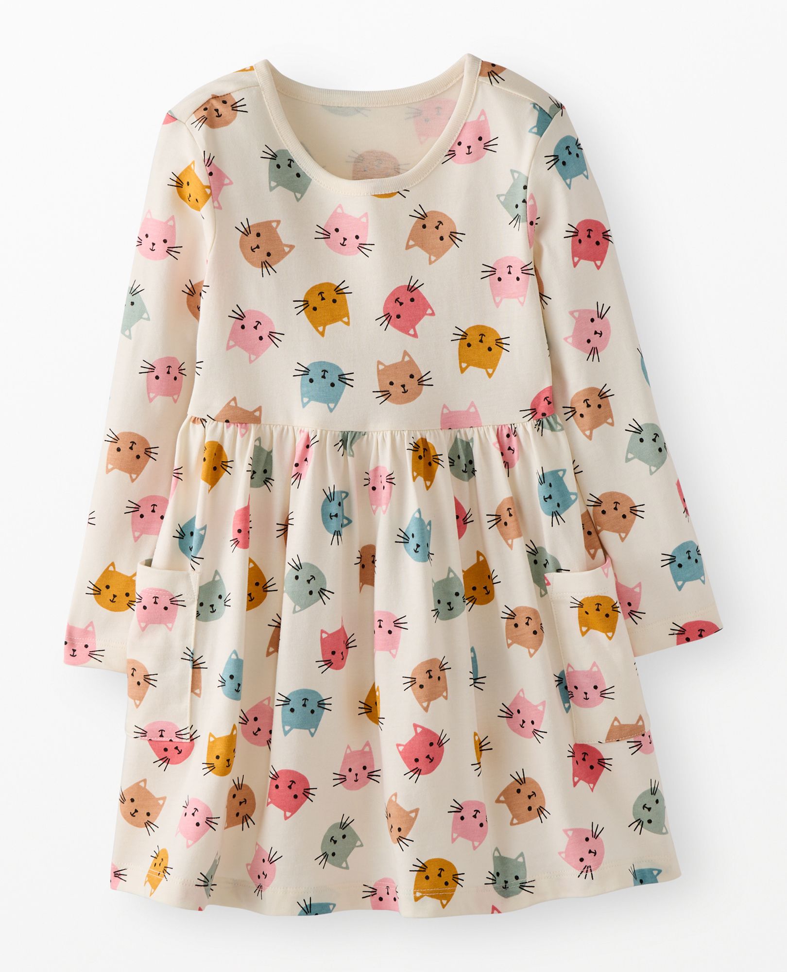 Long Sleeve Playground Dress with Pockets in Tossed Cats on Ecru - main