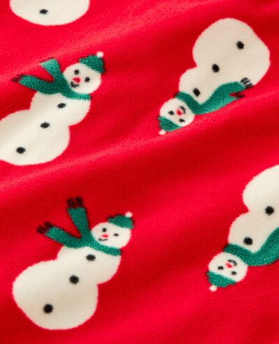 Adult Holiday Fleece Hooded Jumpsuit in Snowmen on Red - main