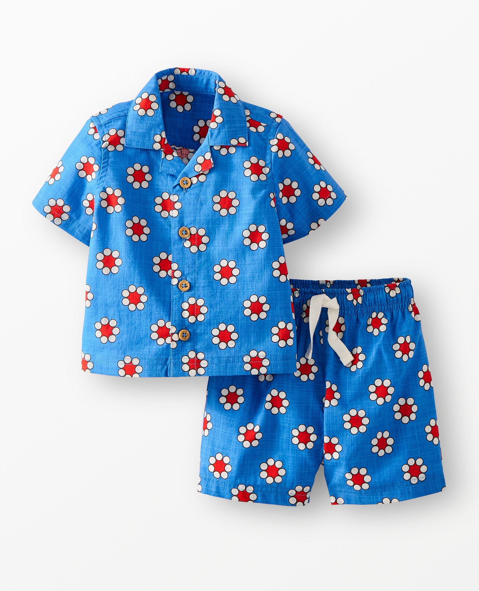 Baby Poplin Button Up Shirt & Shorts Set in Red Flowers on Swedish Sky - main