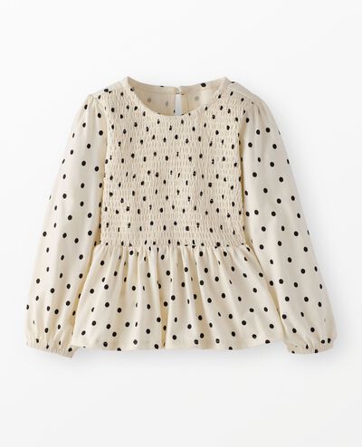 Long Sleeve Smocked Peplum Top in Black Dots on Ecru - main