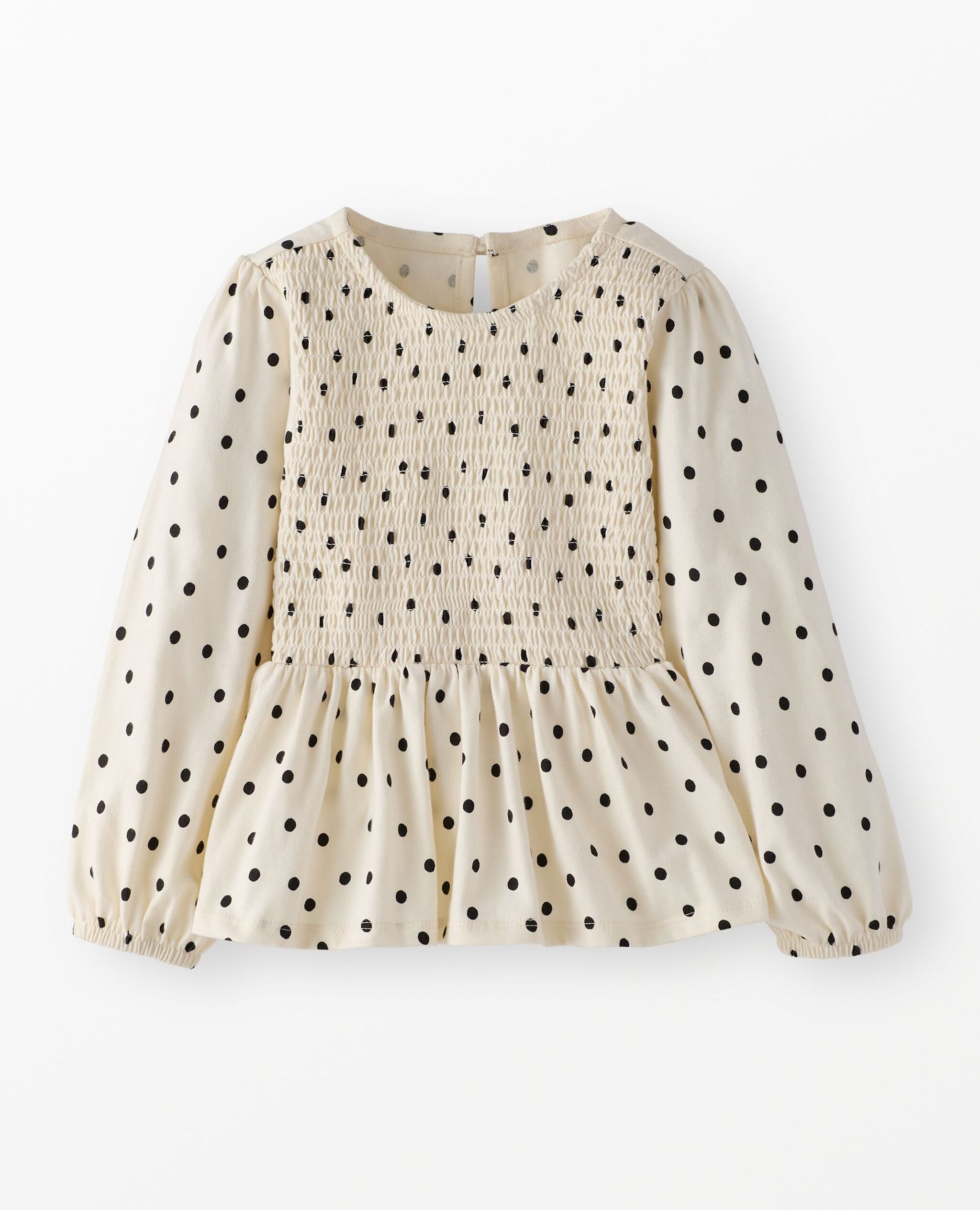Long Sleeve Smocked Peplum Top in Black Dots on Ecru - main