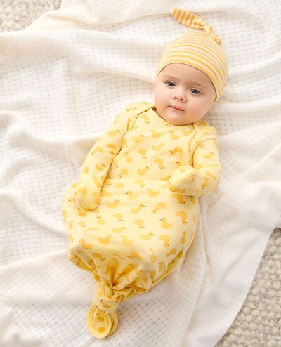 2-Piece Baby Layette Top Knot Beanie in HannaSoft™ in Pepper the Duck on Limoncello - main