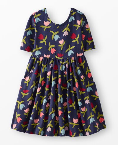 Elbow Sleeve Skater Dress with Pockets in Multi Tulips on Navy - main
