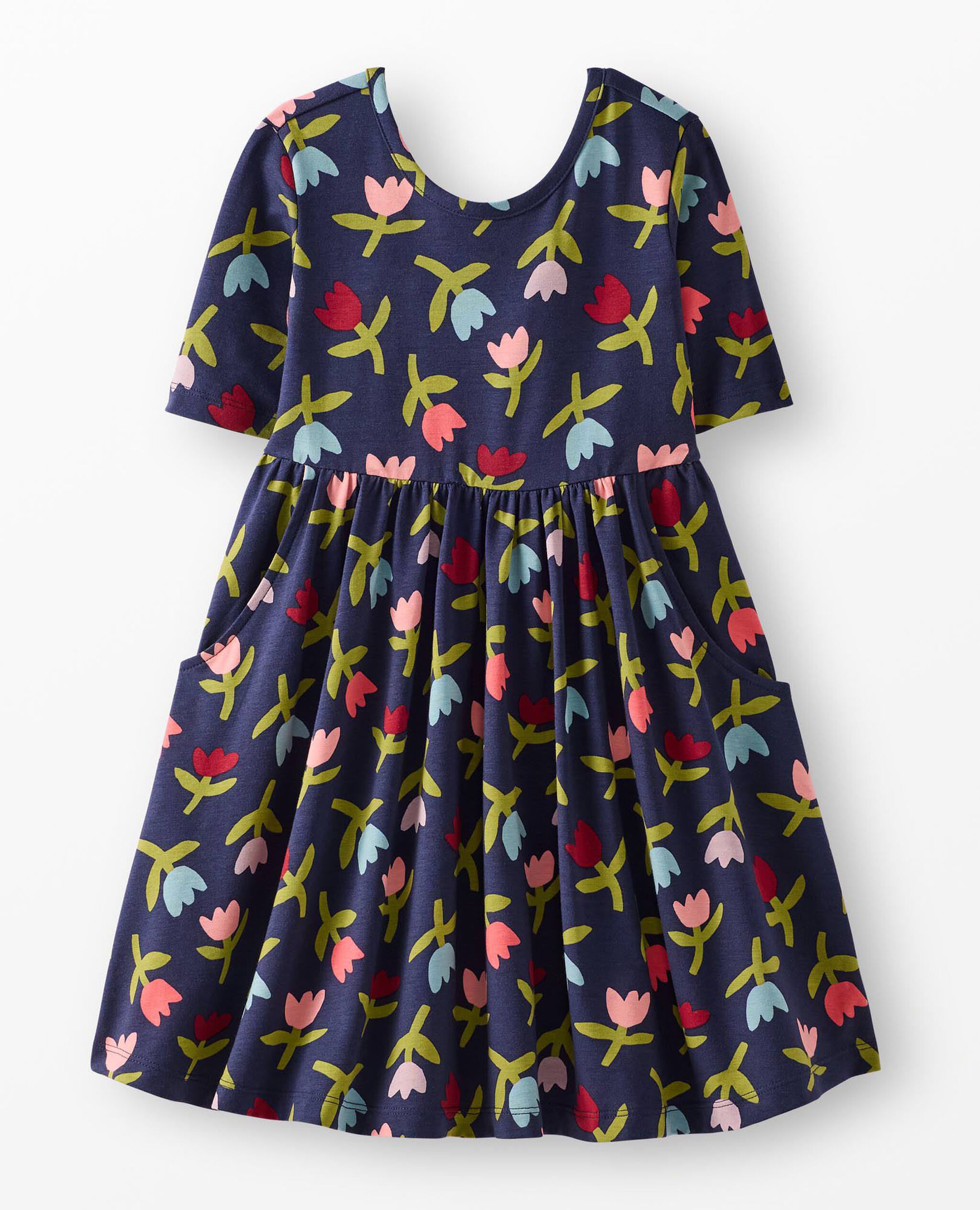Elbow Sleeve Skater Dress with Pockets in Multi Tulips on Navy - main