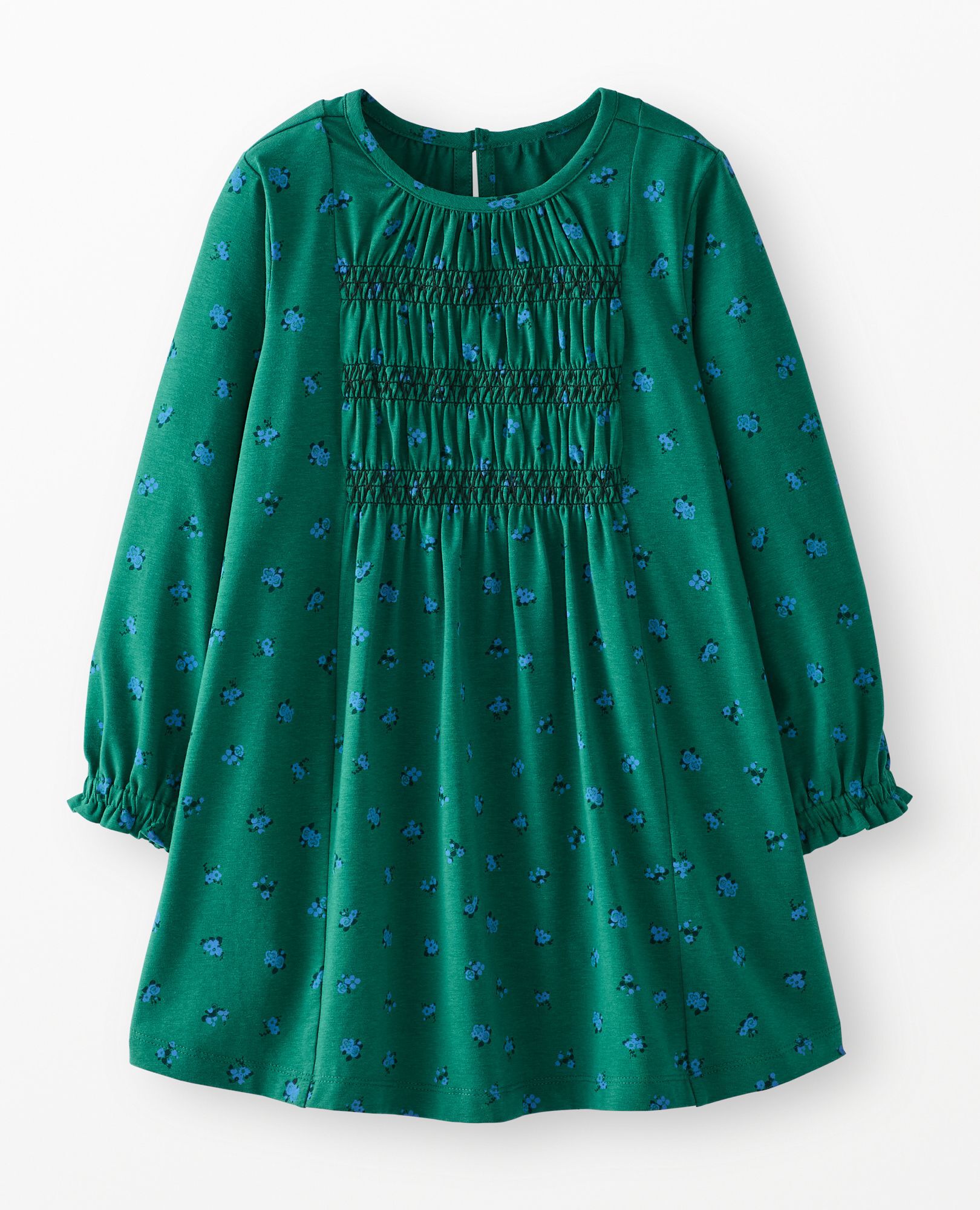 Balloon Sleeve Smocked Dress in Delicate Florals on Dark Green - main