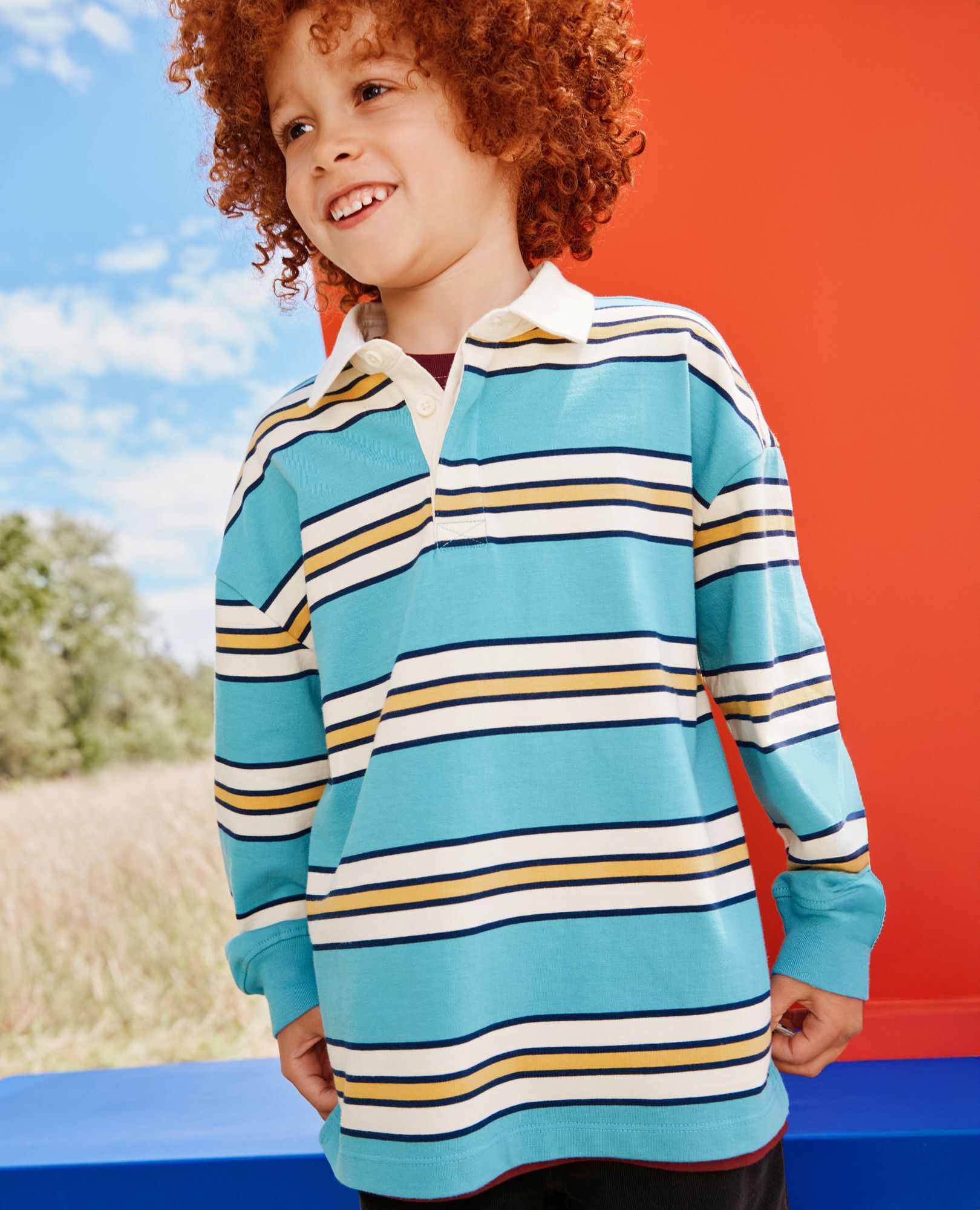 Long Sleeve Oversized Polo Shirt in Chalk Blue Stripe - main