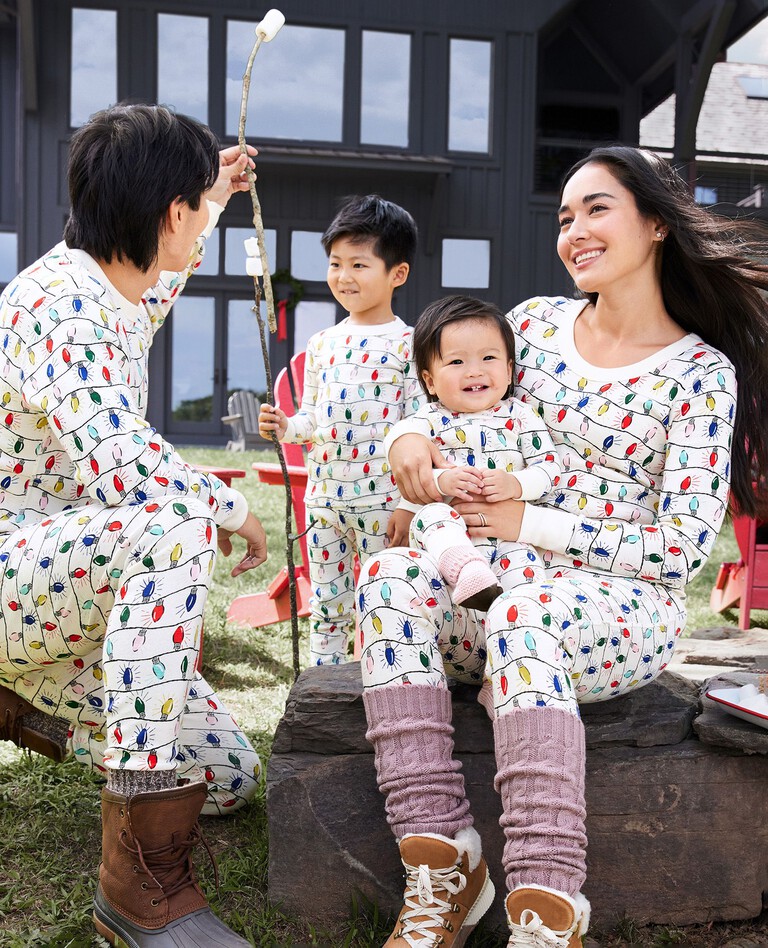 Holiday Print Long John Pajama Set in Bright Bulbs - main