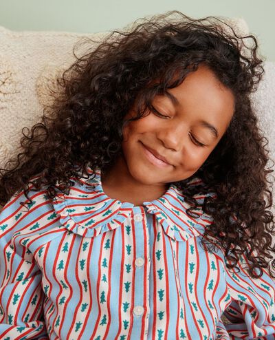 Holiday Ruffle Flannel Pajama Set in Tree Ribbons on Blue - main