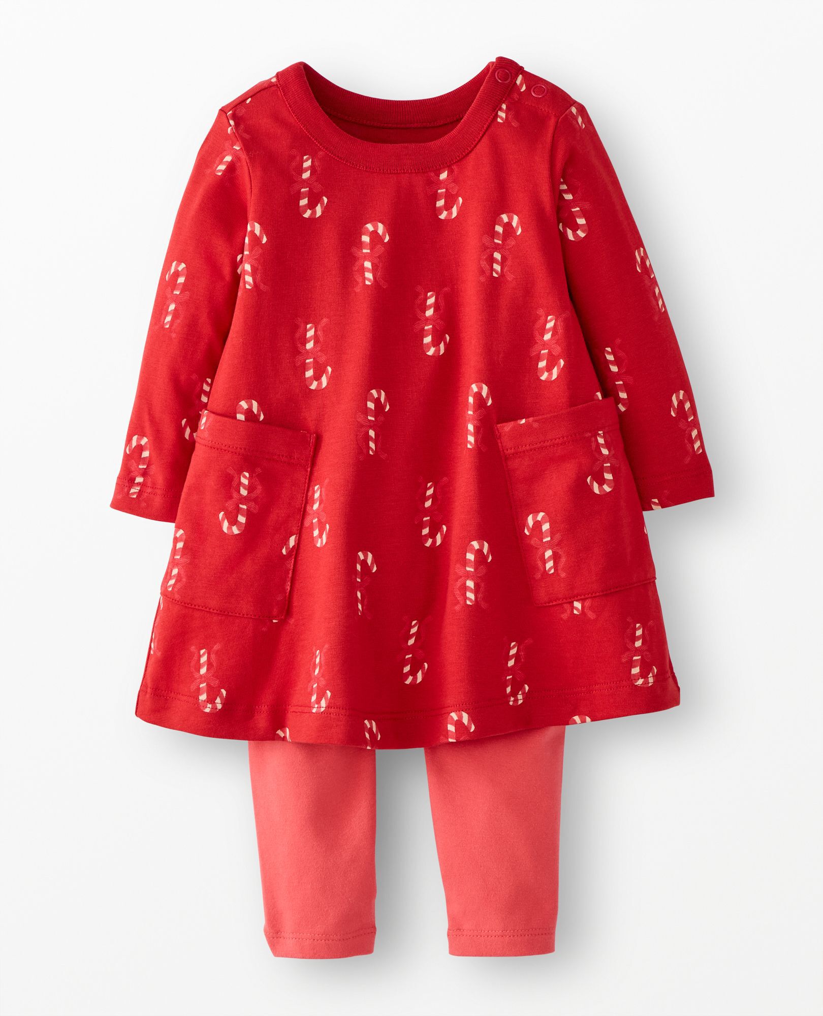 Baby Holiday Long Sleeve Pocket Dress & Leggings Set in Cheerful Candy Canes on Red - main