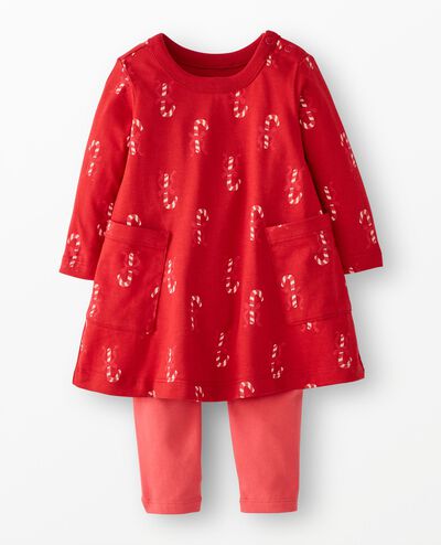 Baby Holiday Long Sleeve Pocket Dress & Leggings Set in Cheerful Candy Canes on Red - main