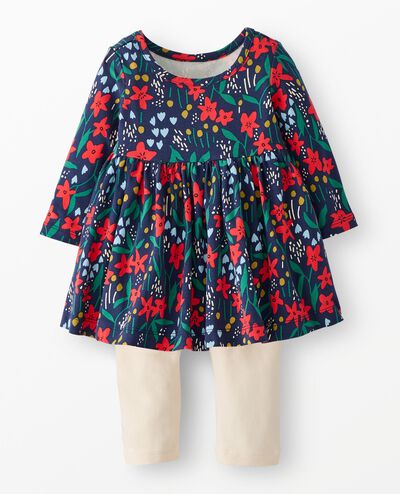 Baby Long Sleeve Skater Dress & Leggings Set in Pointsetta Patch on Navy - main