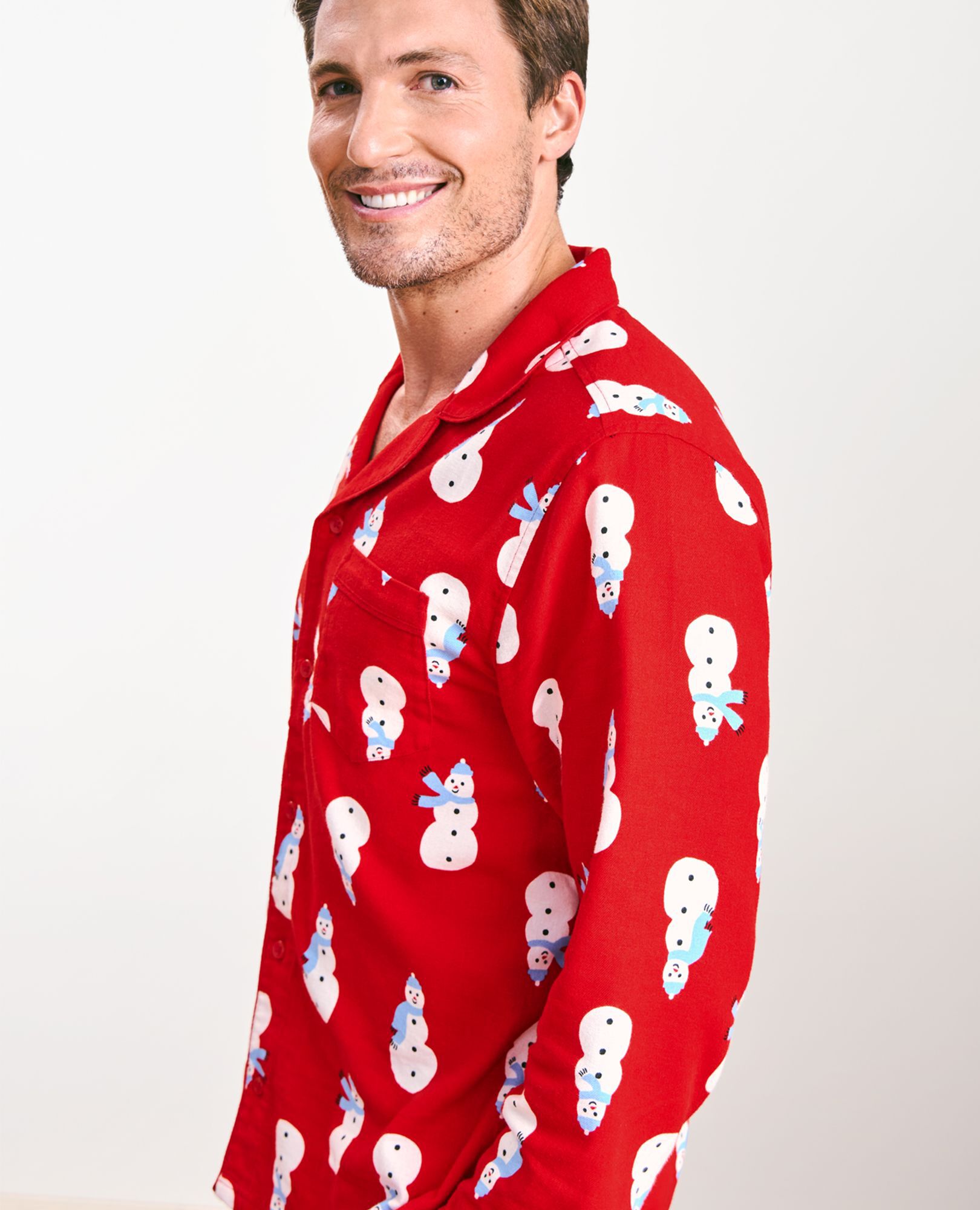 Adult Holiday Flannel Pajama Top in Snowmen on Red - main