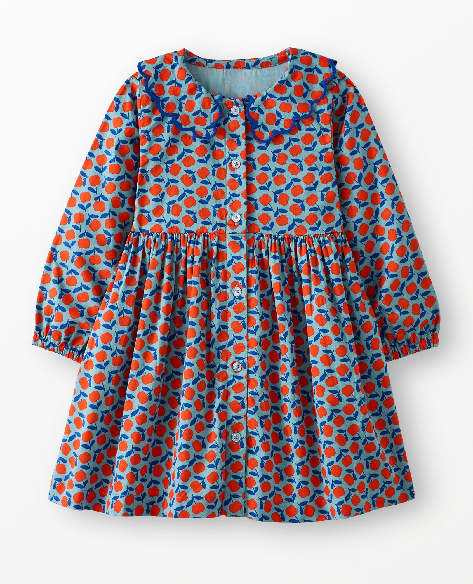 Collared Twill Dress with Pockets in Red Apples on Cameo Blue - main
