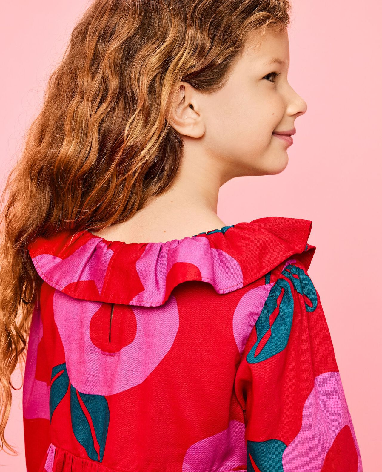 Long Sleeve Twill Collared Dress with Pockets in Purple Orchid Holiday Floral on Ribbon Red - main