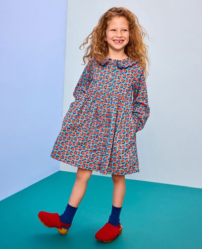 Collared Twill Dress with Pockets in Red Apples on Cameo Blue - main