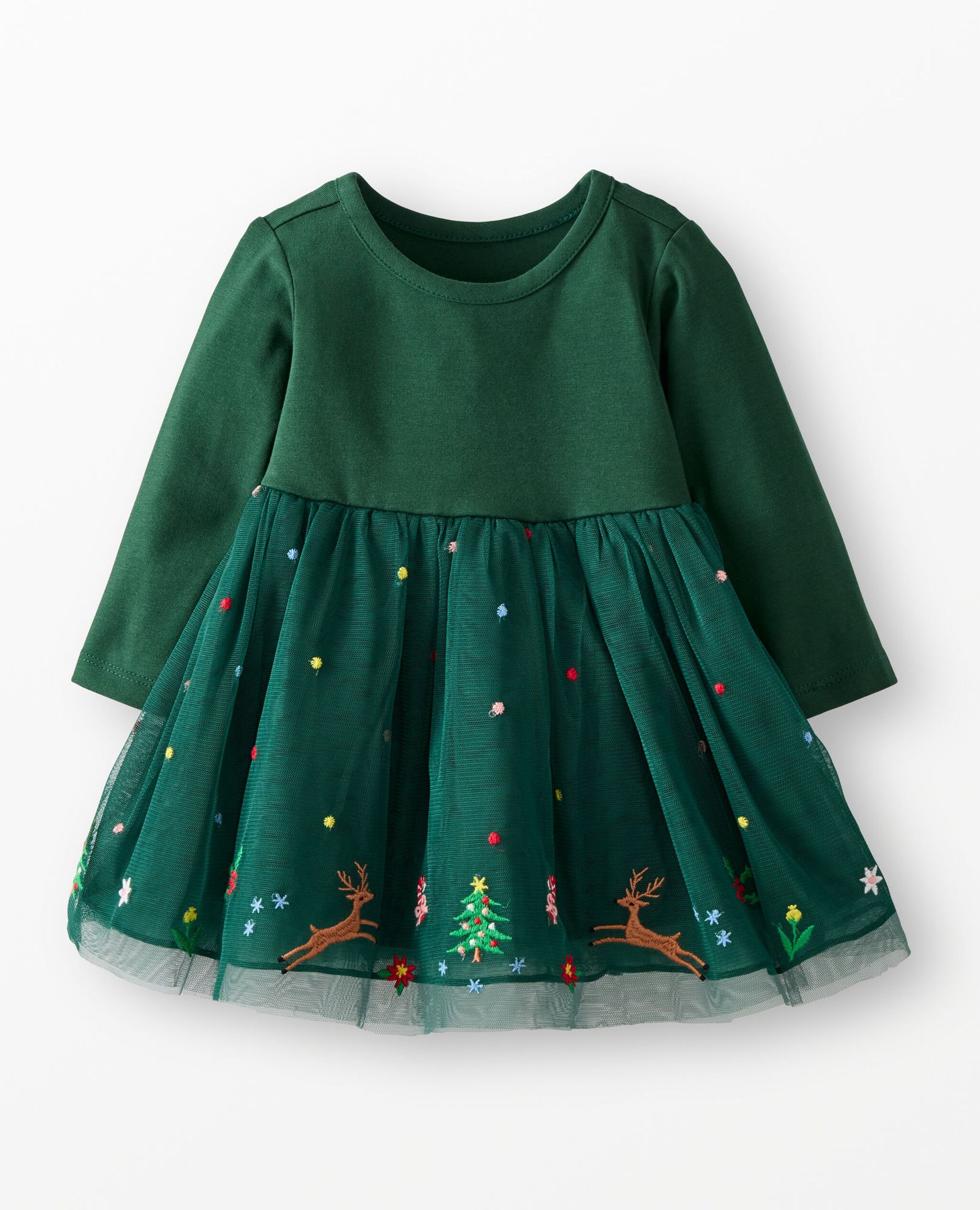 Baby Long Sleeve Tulle Embroidered Dress in Reindeer on Malachite - main