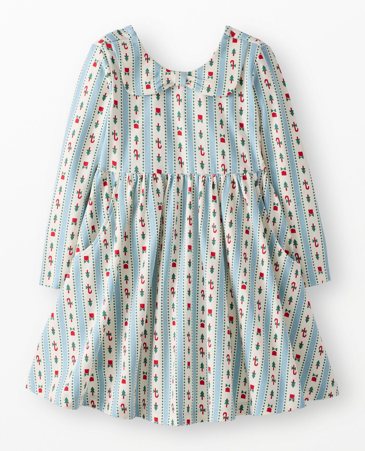 Holiday Long Sleeve Bow Collar Skater Dress with Pockets in Christmas Ribbons on Robin Egg Blue - main