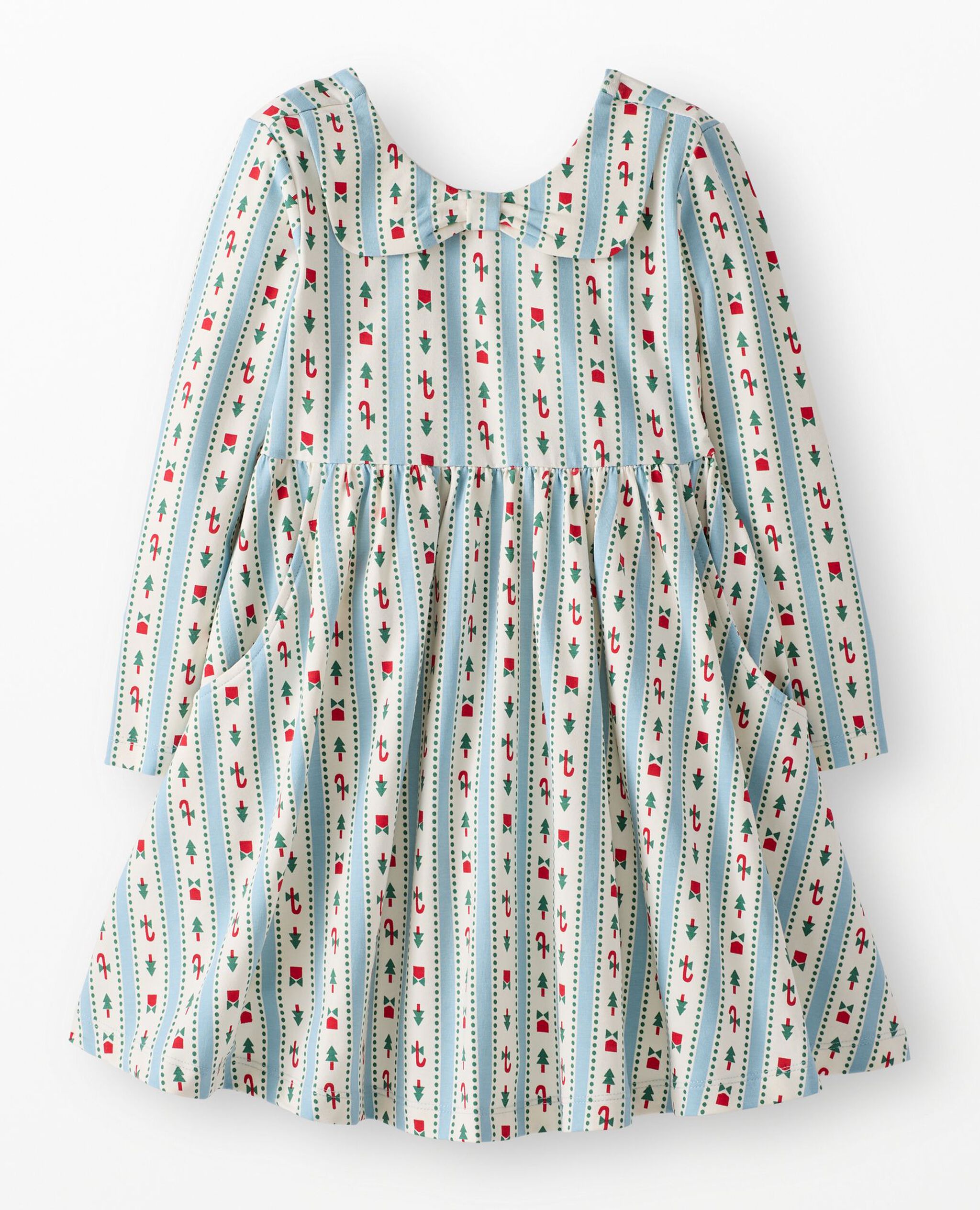Holiday Long Sleeve Bow Collar Skater Dress with Pockets in Christmas Ribbons on Robin Egg Blue - main