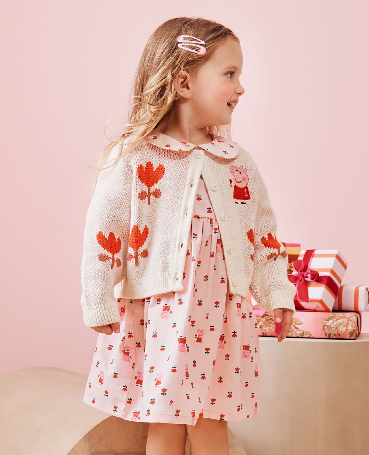 Peppa Pig 3/4 Sleeve Poplin Dress in Peppa small tulips on Pink - main