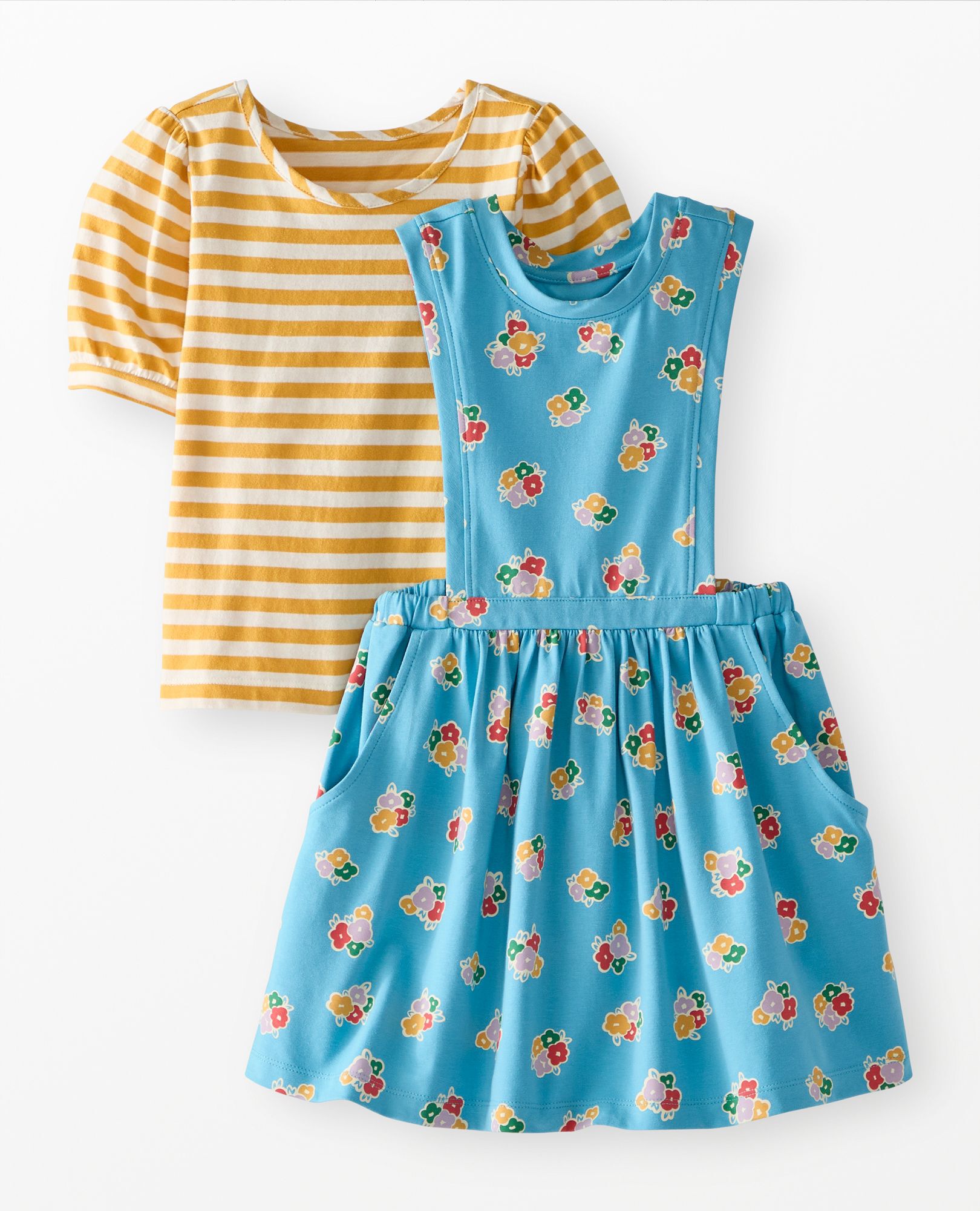 Balloon Sleeve T-Shirt & Pinafore Dress Set in Flower Bunch on Chalk Blue - main