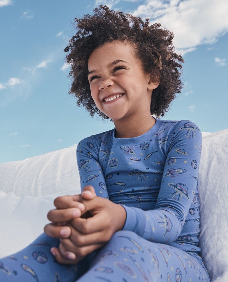 Kids Long John Pajama Set in HannaSoft™ in Cosmic Trek Doodle on French Blue - main