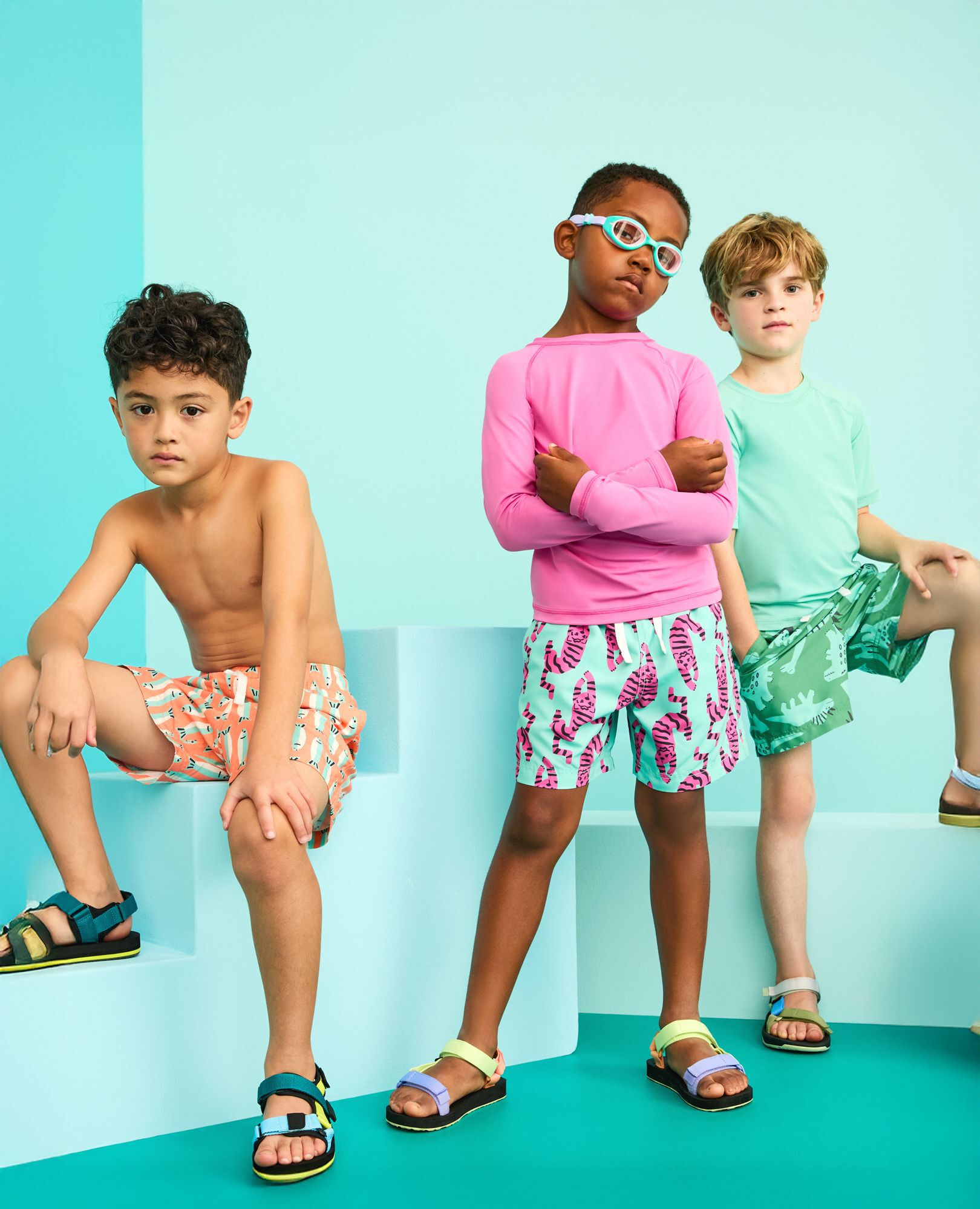 Swim Trunks in Blue Dinos On Green - main