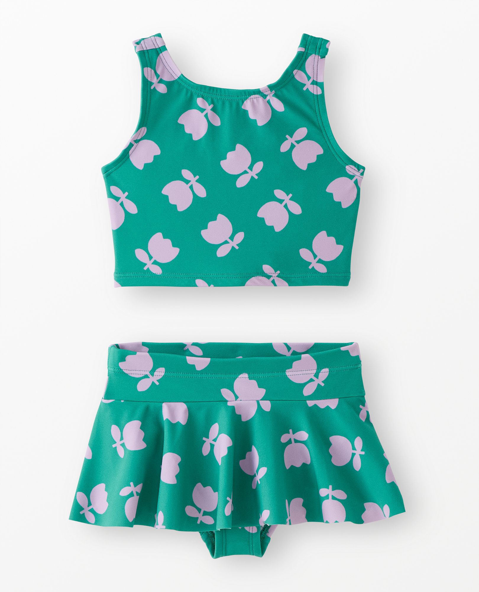Two-Piece Bow Back Skirted Swimsuit in Tossed Tulips on Green - main