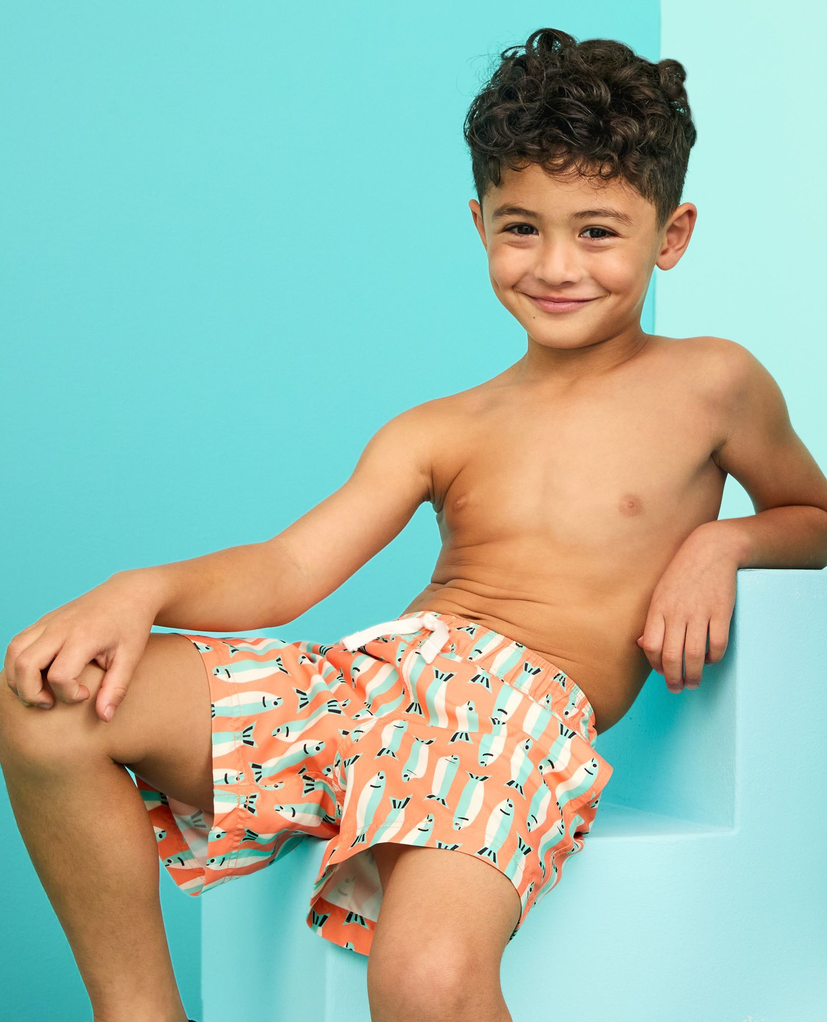 Swim Trunks in Sardines on Orange - main