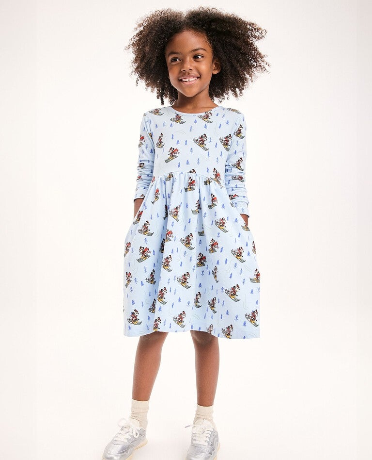 Disney Mickey Mouse Holiday Long Sleeve Skater Dress with Pockets in Ski Slope Mickey on Blue - main