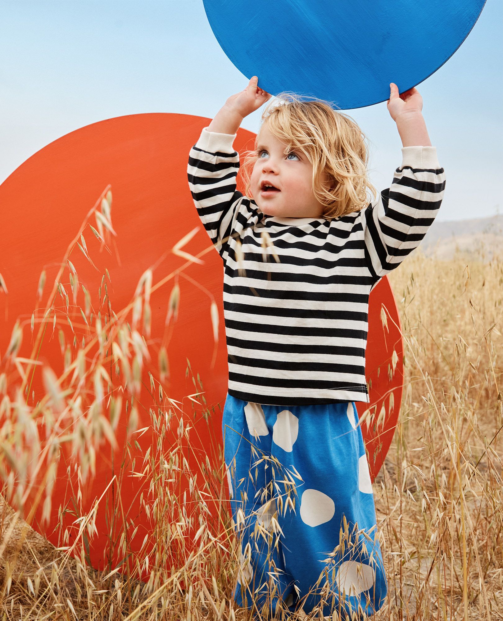 Toddler Balloon Pants in Ecru Dots on Bluest Sky - main