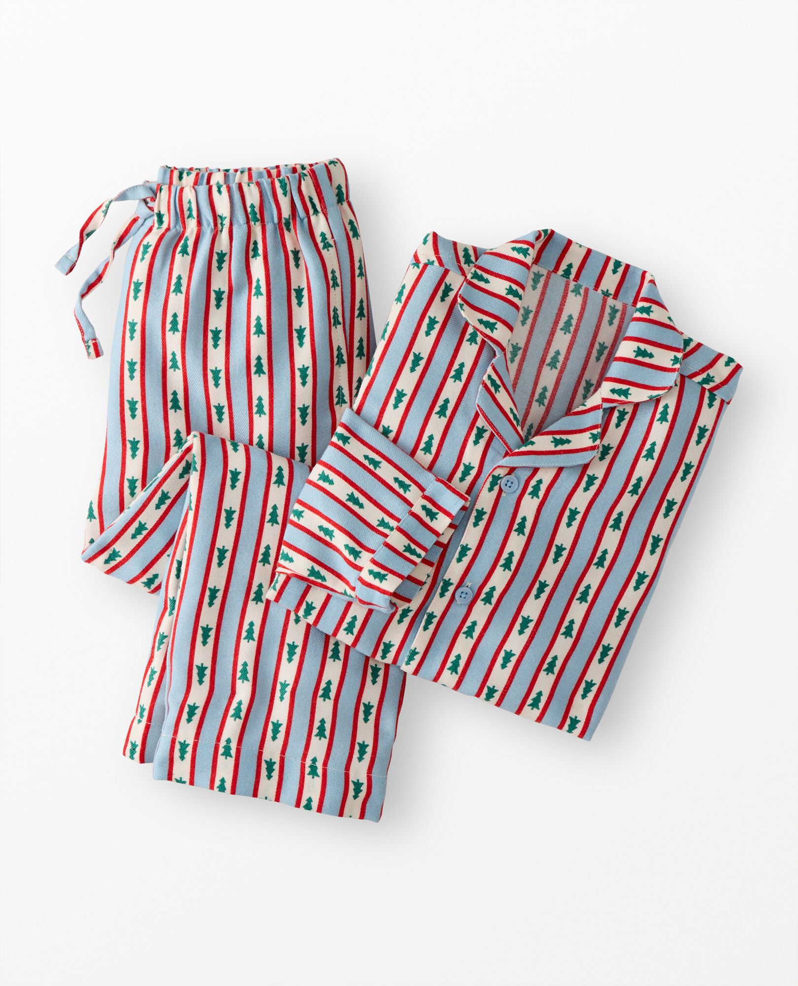 Holiday Flannel Pajama Set in Tree Ribbons on Blue - main