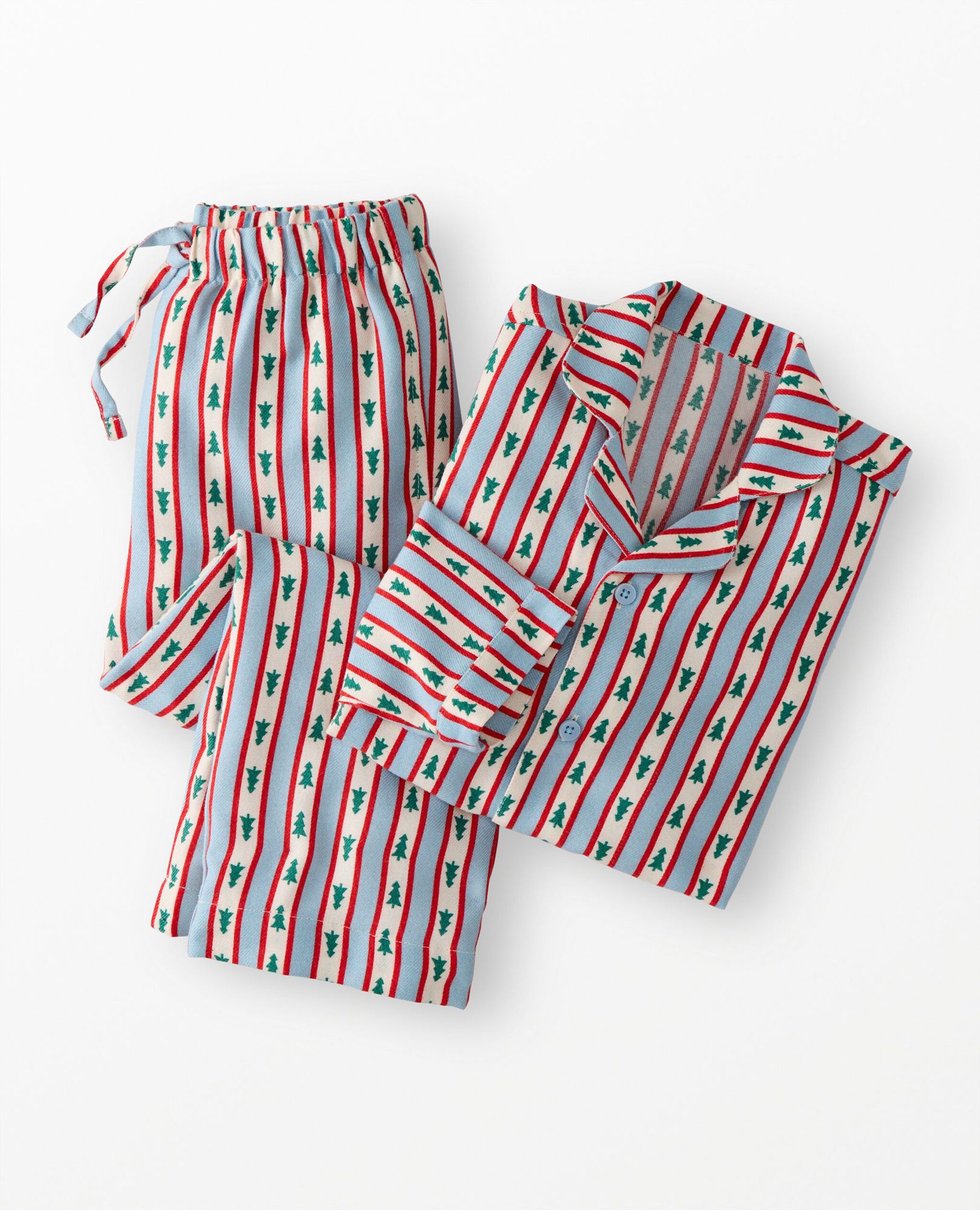 Holiday Flannel Pajama Set in Tree Ribbons on Blue - main