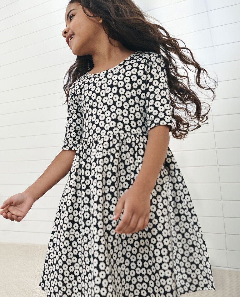 Skater Dress with Pockets in Tiny Blossoms on Black - main