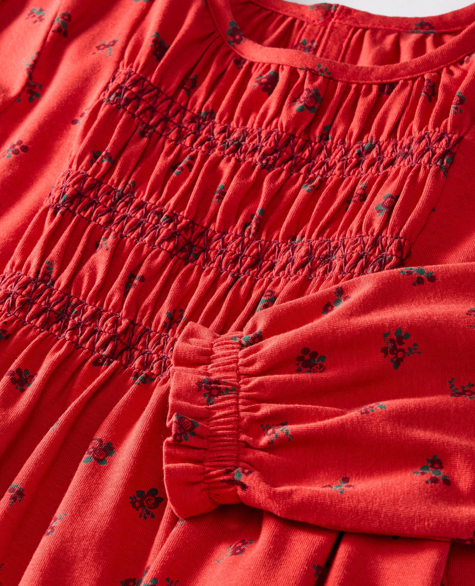 Balloon Sleeve Smocked Dress in Delicate Florals on Scarlet Red - main