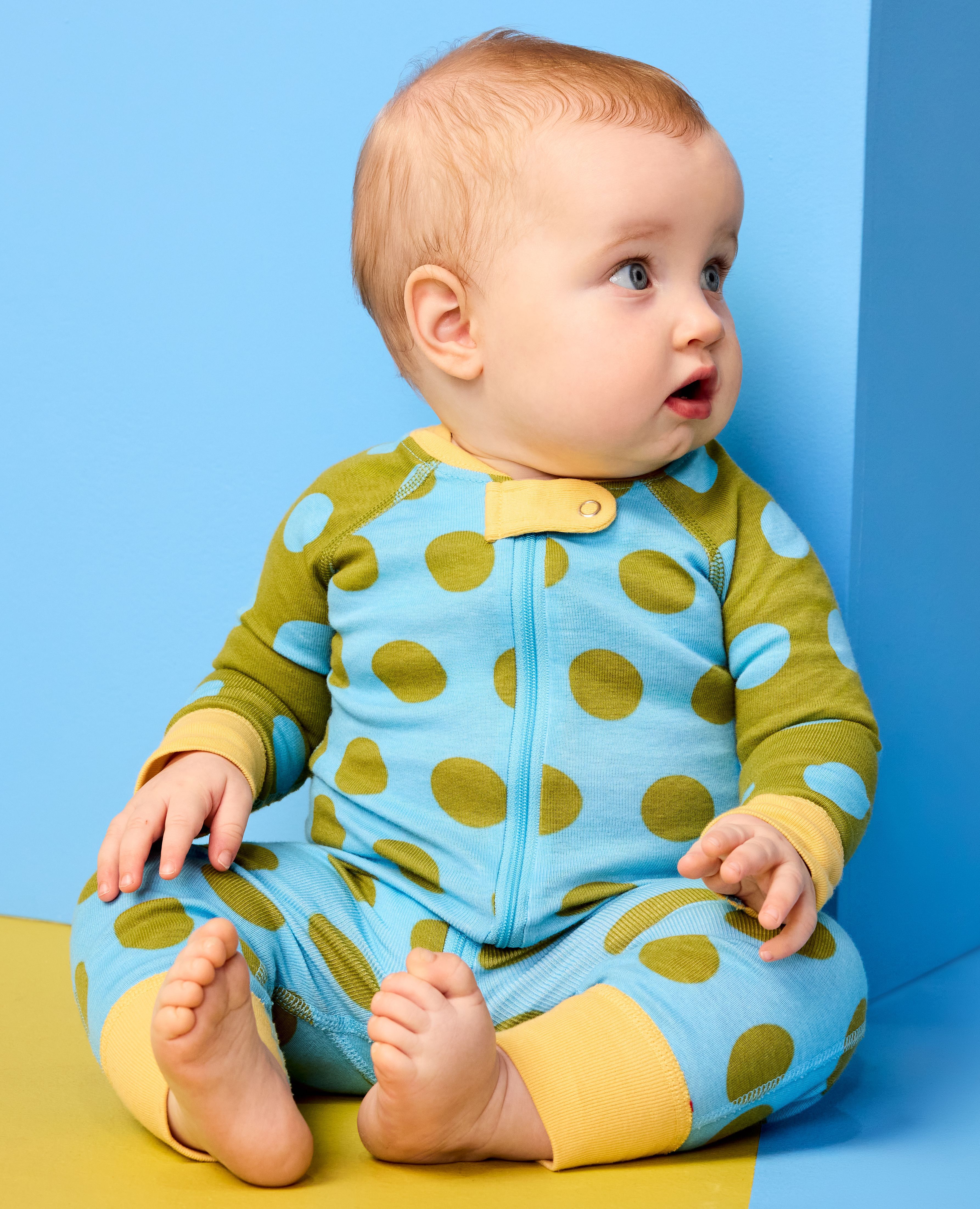 Baby Dusen Dusen HannaJams™ Sleeper in Alaskan Blue/Golden Cypress Dots - main