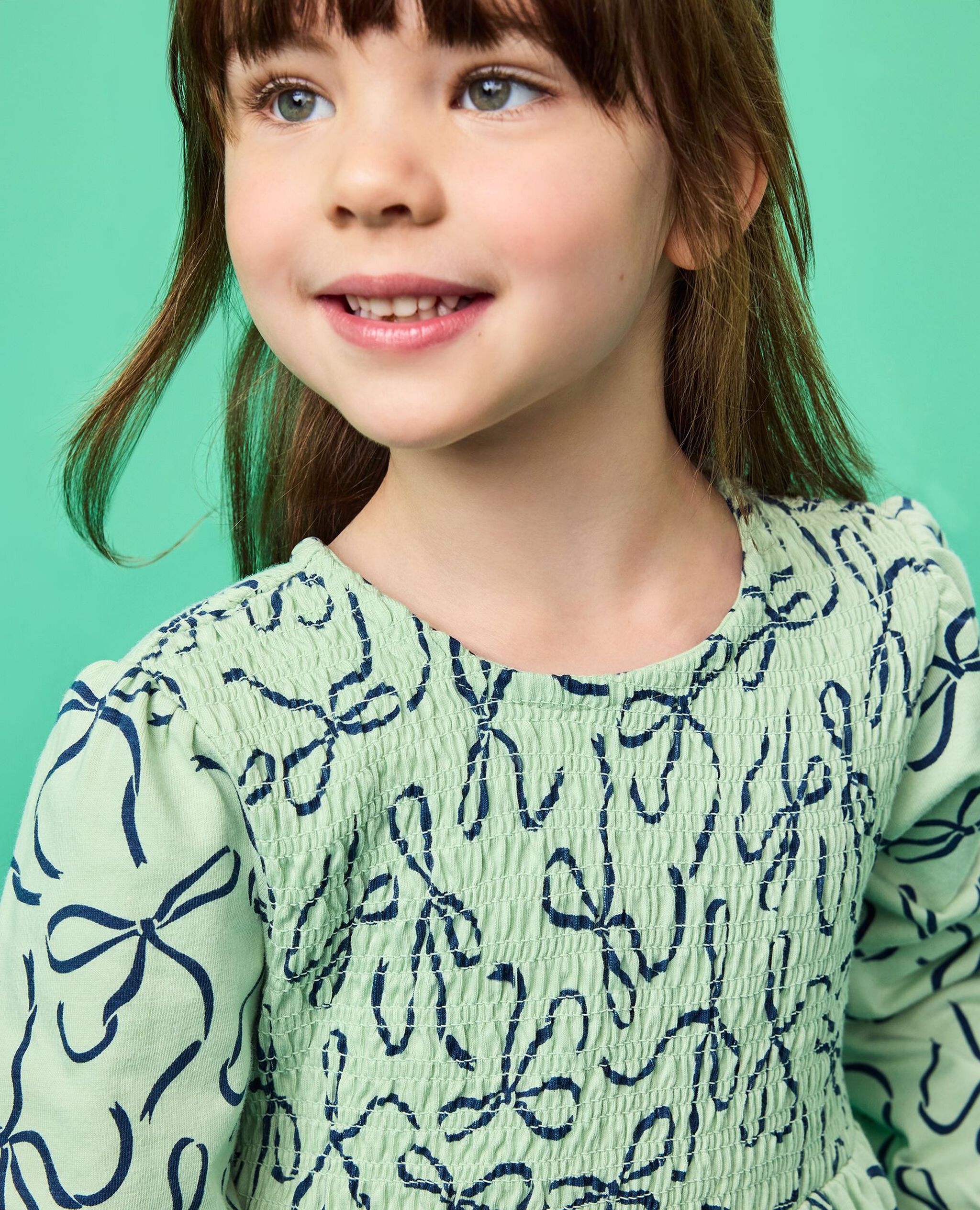 Long Sleeve Smocked Tiered Dress with Pockets in Bows on Mint Chip - main