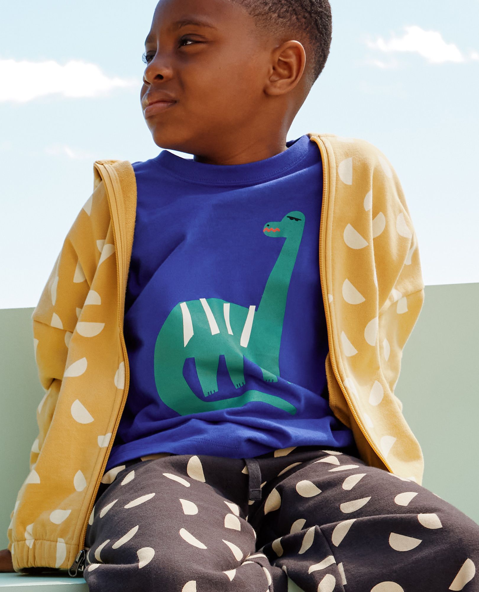 Long Sleeve Relaxed Fit Graphic T-Shirt in Dinosaur on Blue - main