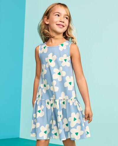 Sleeveless Drop Waist Peplum Dress in Ecru Flowers on Blue - main