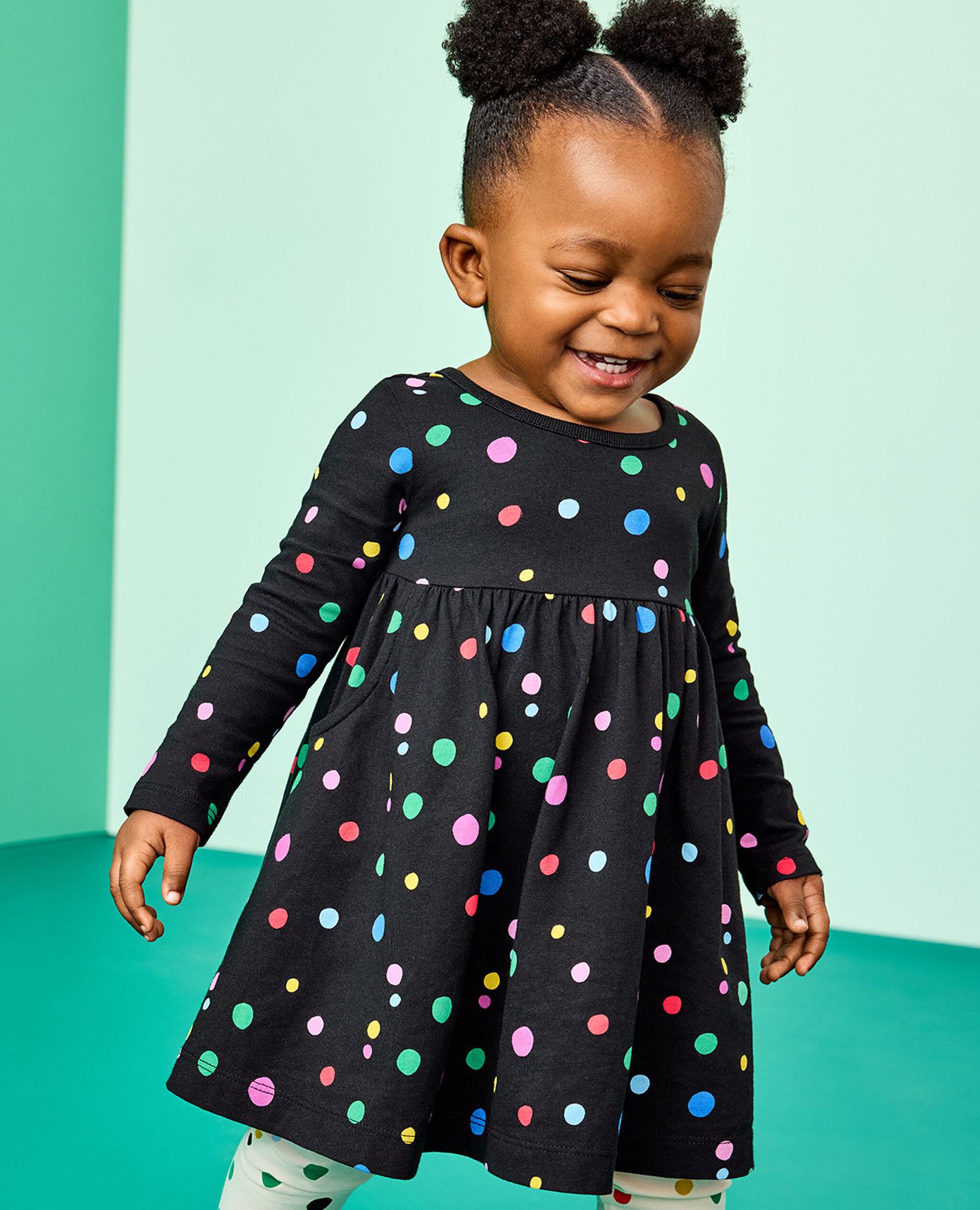 Baby Long Sleeve Everywhere Dress & Leggings Set in Confetti Dot on Black - main