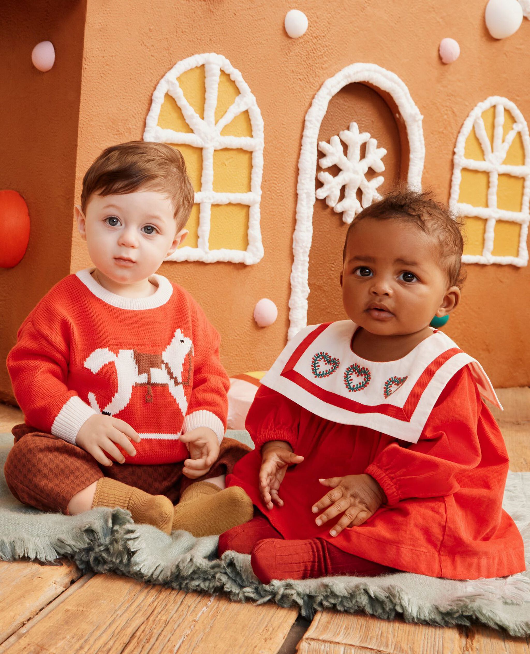 Baby Bib Collar Corduroy Dress & Bloomers Set in Ribbon Red - main