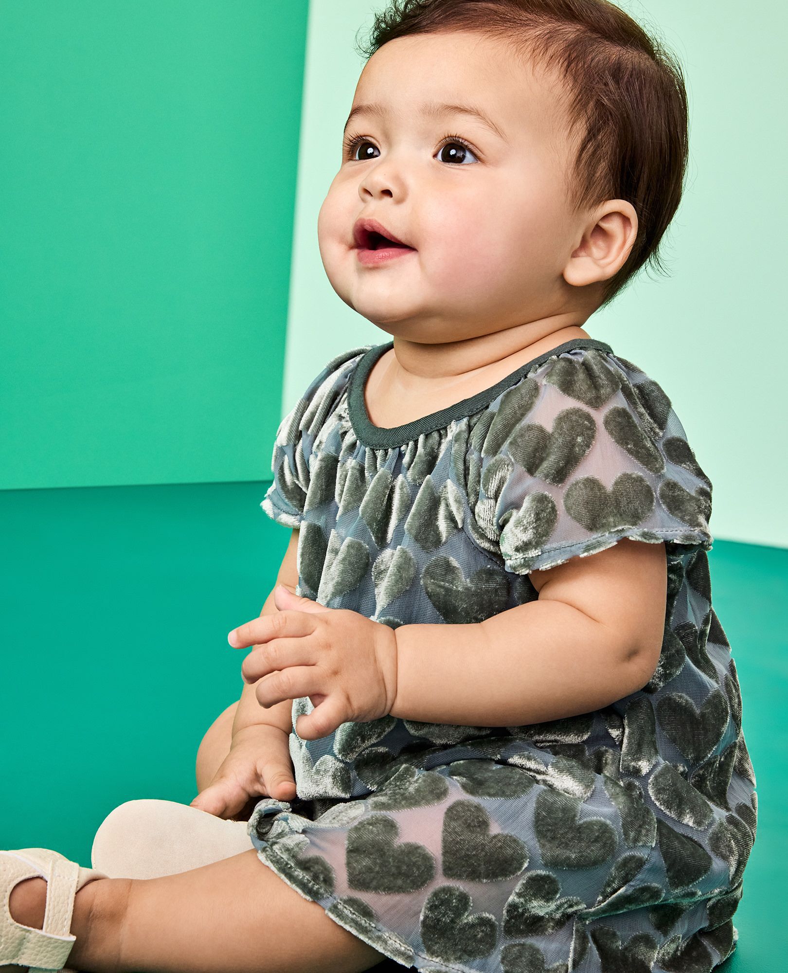 Baby Velvet Heart Dress & Bloomers Set in Hearts on Green - main