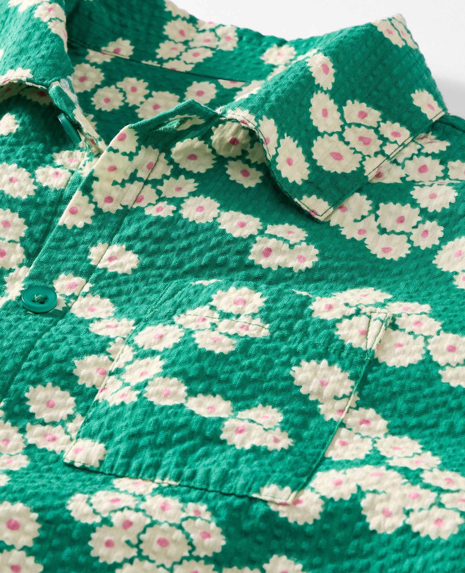 Oversized Seersucker Button Up Shirt in Flowers on Green - main