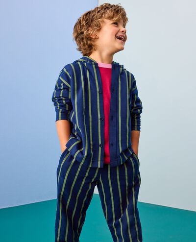 French Terry Hooded Striped Button Up Shirt in Navy Blue/Green Olive - main