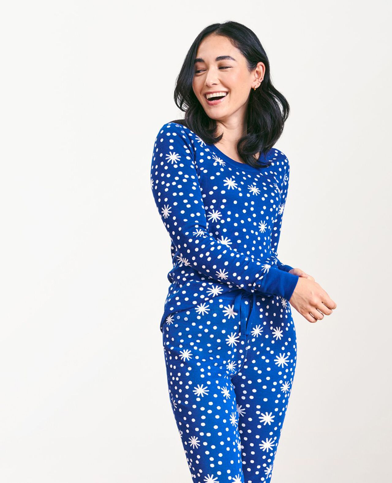 Women's Holiday Long John Pajama Top in First Snow on Galactic Blue - main