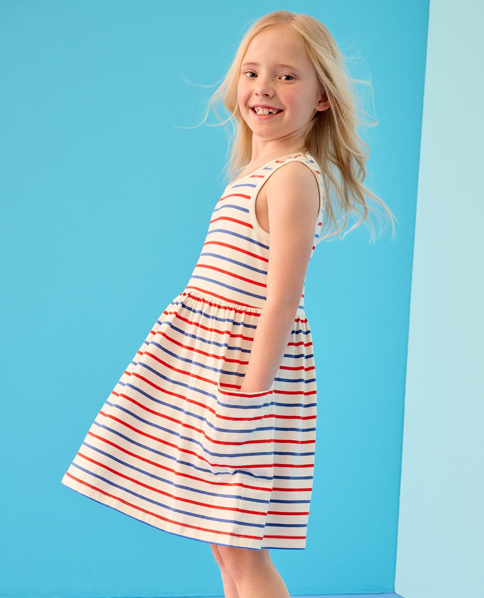 Sleeveless Playground Dress with Pockets in RWB Stripe - main