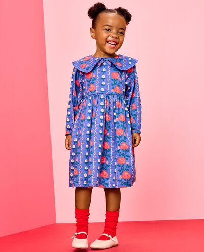 Long Sleeve Ruffle Collar Twill Dress with Pockets in Floral Wallpaper - main