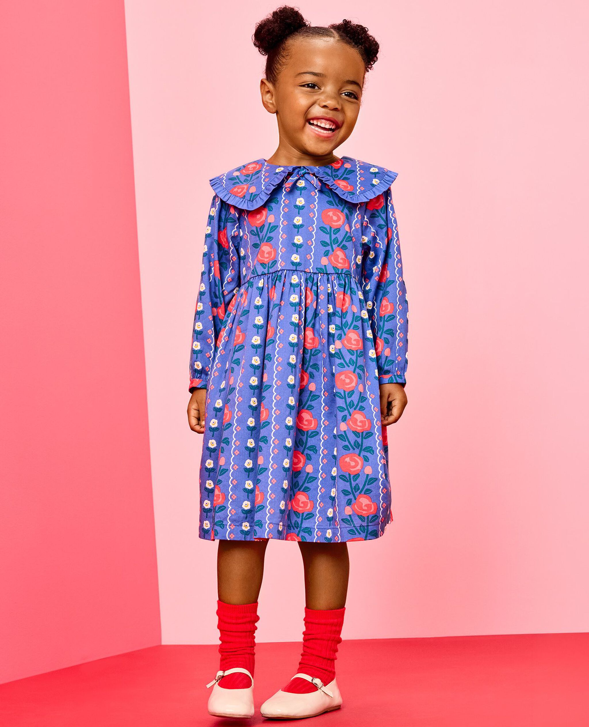 Long Sleeve Ruffle Collar Twill Dress with Pockets in Floral Wallpaper - main
