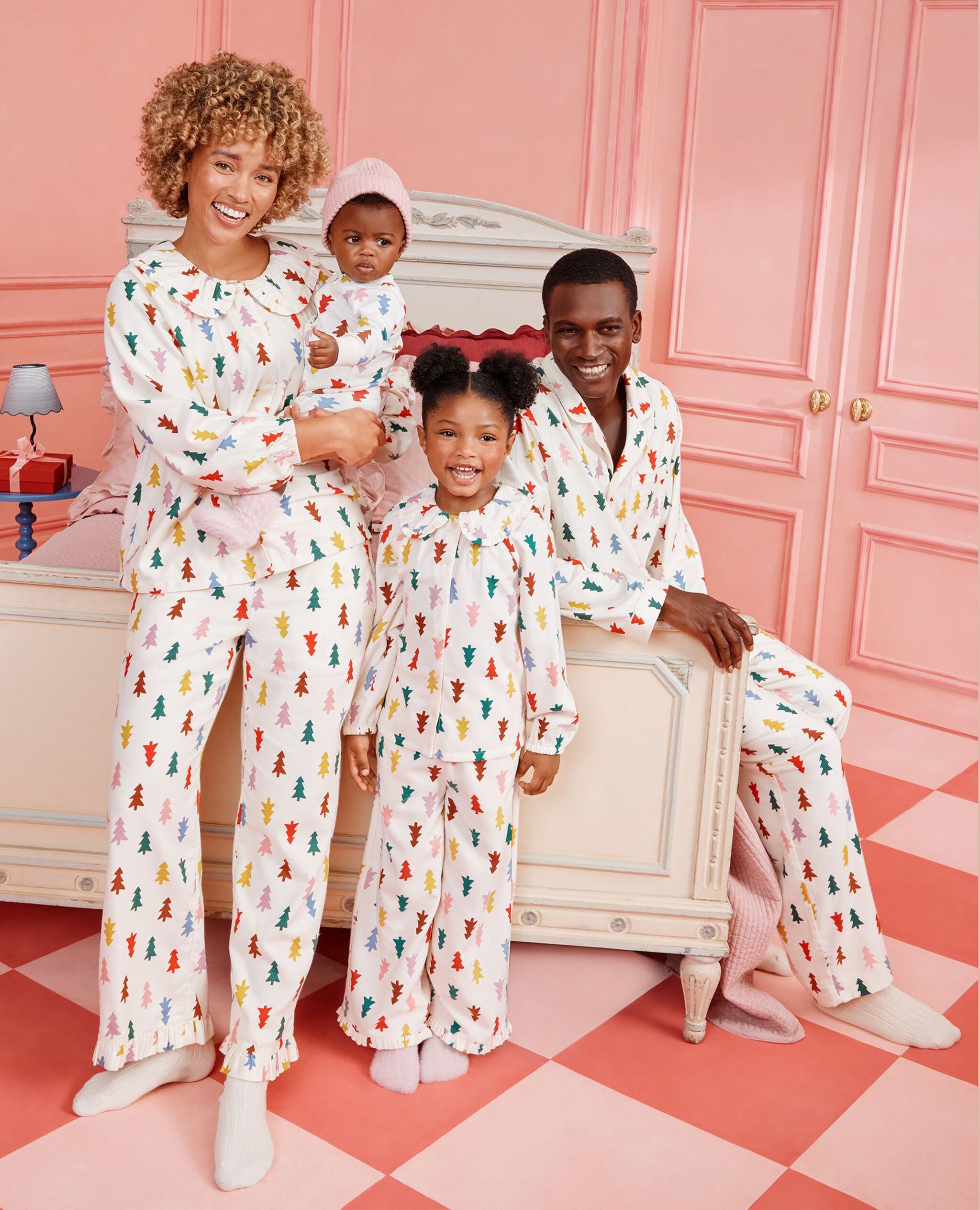 Holiday Flannel Ruffle Pajama Set in Festive Forest on Ecru - main