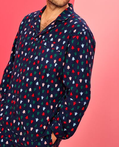Adult Holiday Flannel Pajama Top in Multi Trees on Navy Blue - main
