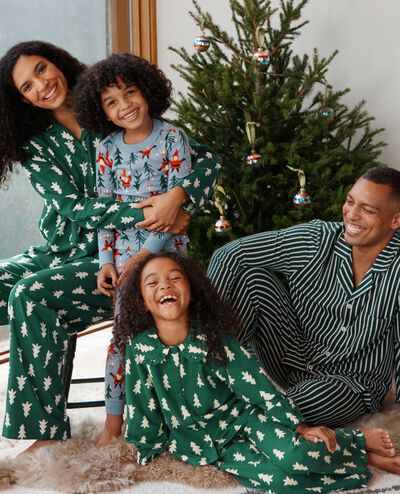 Holiday Ruffle Flannel Pajama Set in Happy Trees on Green - main